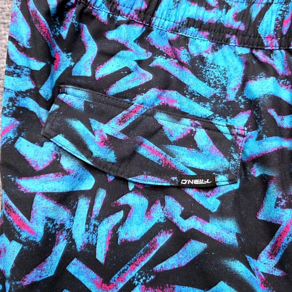 ONeill Men's Medium Blue Black Geometric Lightning Bolt Swim Trunks Board Shorts